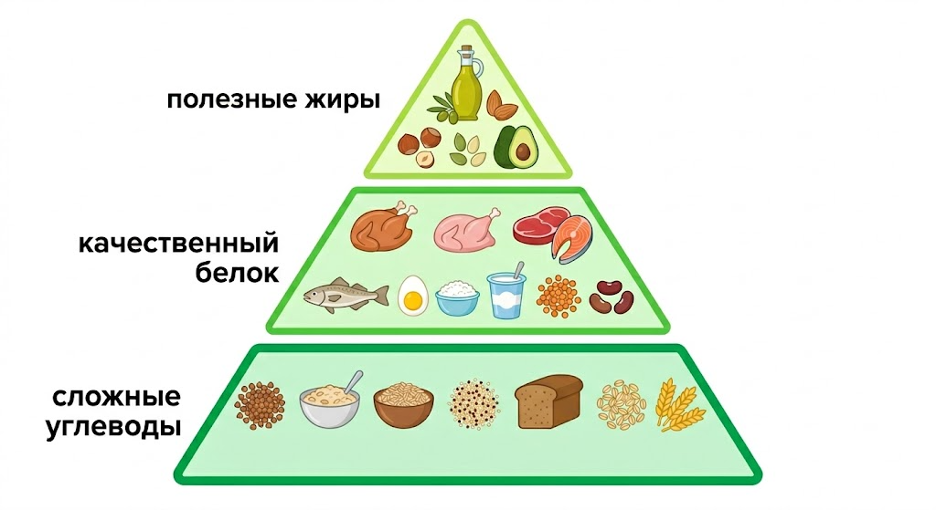 визуальная пирамида продуктов для набора мышечной массы. В основании сложные углеводы: гречка, овсянка, бурый рис, киноа, цельнозерновой хлеб. В середине качественный белок: индейка, курица, говядина, лосось, яйца, творог, чечевица. В верхушке полезные жиры: оливковое масло, миндаль, семена льна, авокадо