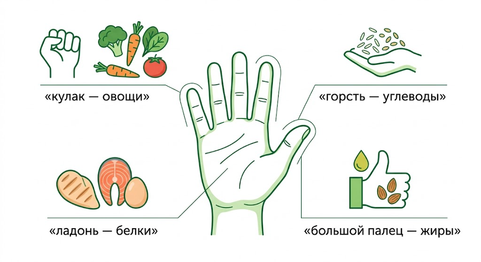 инфографика правила ладони для контроля порций. Ладонь — белки, горсть — углеводы, кулак — овощи, большой палец — жиры. 