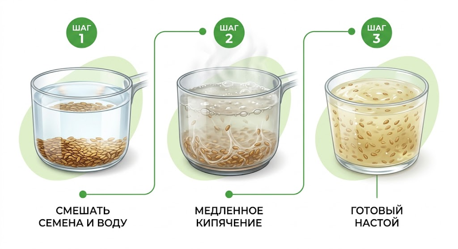 Шаг 1 — цельные коричневые или золотистые семена льна на дне прозрачной ёмкости с чистой водой. Стиль: пошаговая фото-инструкция.
Шаг 2 — во время слабого кипения вода мутнеет, появляются вязкие нити, семена набухают. Стиль: пошаговая фото-инструкция. 
 Шаг 3 — готовый настой: полупрозрачная желтовато-белая густая льняная слизь с набухшими семенами. 