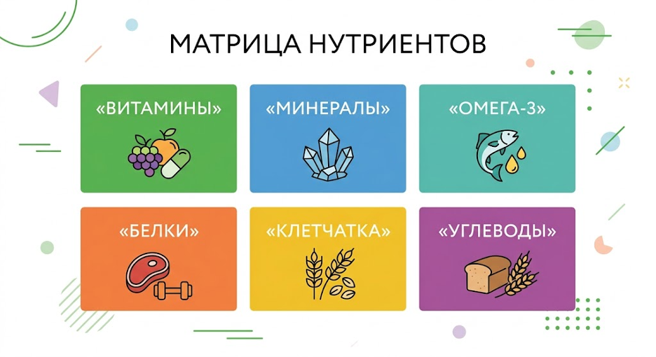 Матрица витаминов и минералов в полезных продуктах