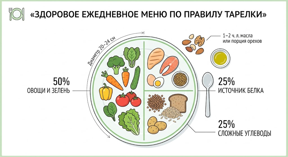 хема правила тарелки для составления полезного меню на каждый день. Тарелка диаметром 20–24 см: 50% овощи и зелень, 25% белок, 25% сложные углеводы, рядом — 1–2 чайные ложки масла или порция орехов. 