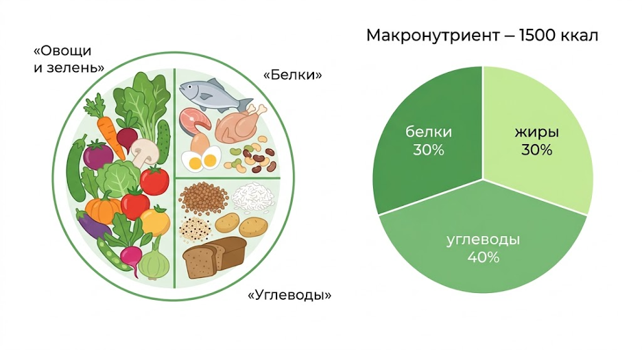 визуализация здоровой тарелки для рациона 1500 ккал и круговая диаграмма БЖУ.