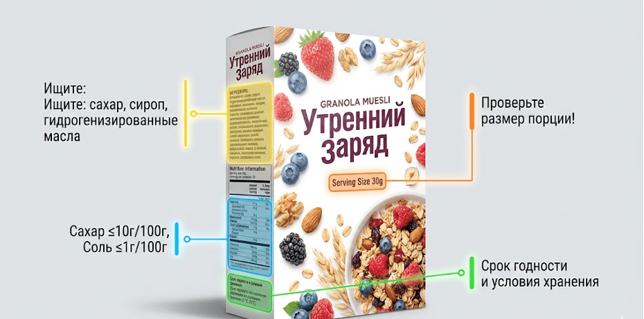 упаковка с подсветкой зон: состав, пищевая ценность, порция, сроки
