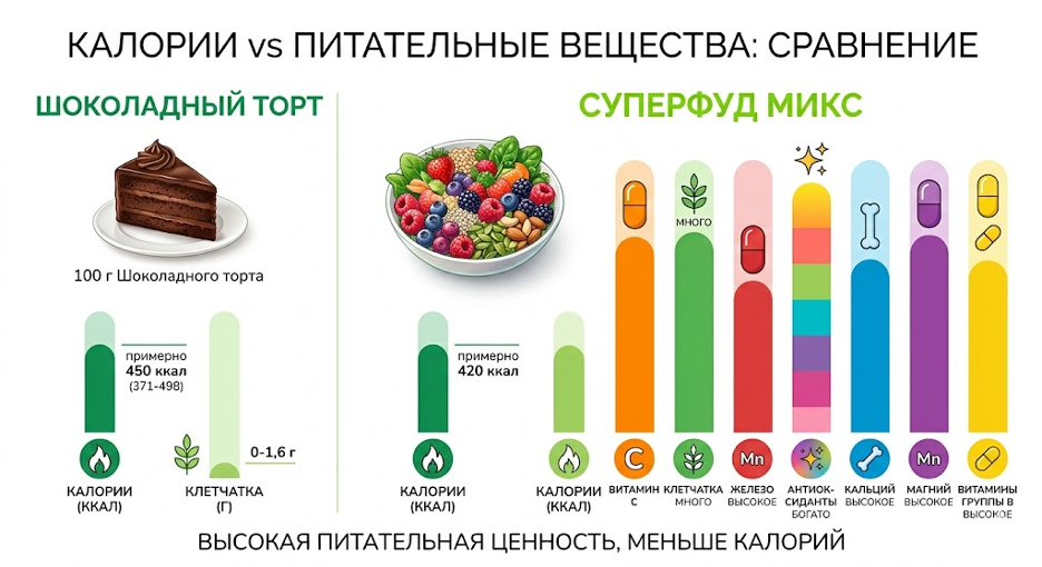визуальное сравнение обычного продукта и суперфуда в разрезе «Калории vs Нутриенты». Слева 100 г шоколадного торта: 371–498 ккал, клетчатка 0–1,6 г. Справа ягоды/семена/зелень с большим объёмом витаминов, минералов и клетчатки при сопоставимой порции.