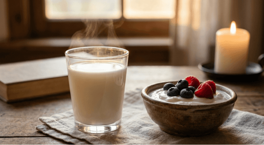 Тёплое молоко или йогурт, порция 200 мл/г за 1 час до сна