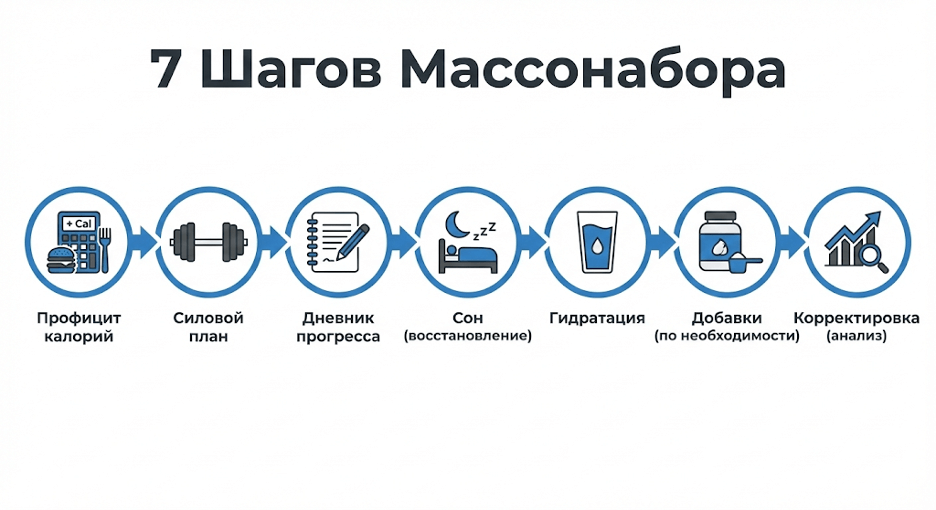 Пошаговый план массонабора: калории, силовые, трекинг, сон, вода, добавки, корректировки