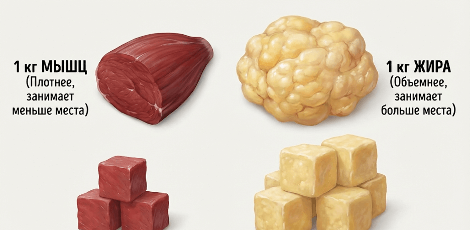1 кг мышц vs 1 кг жира — объём/плотность
