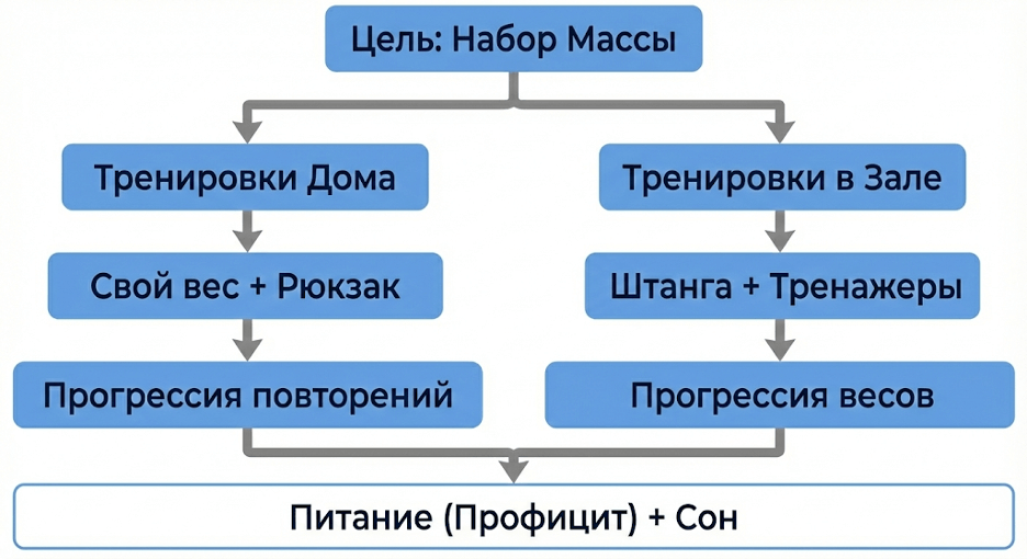 Блок-схема «дом/зал» с ветками питания и прогрессии