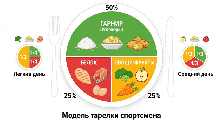 Модель тарелки спортсмена с распределением белков, жиров и углеводов