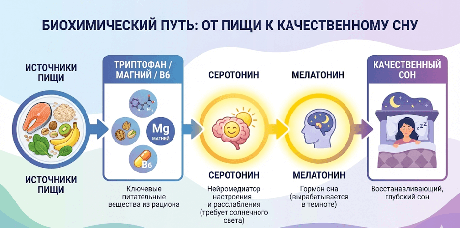 Схема преобразования триптофана в серотонин и мелатонин с участием магния и витамина B6 и влиянием на качество сна