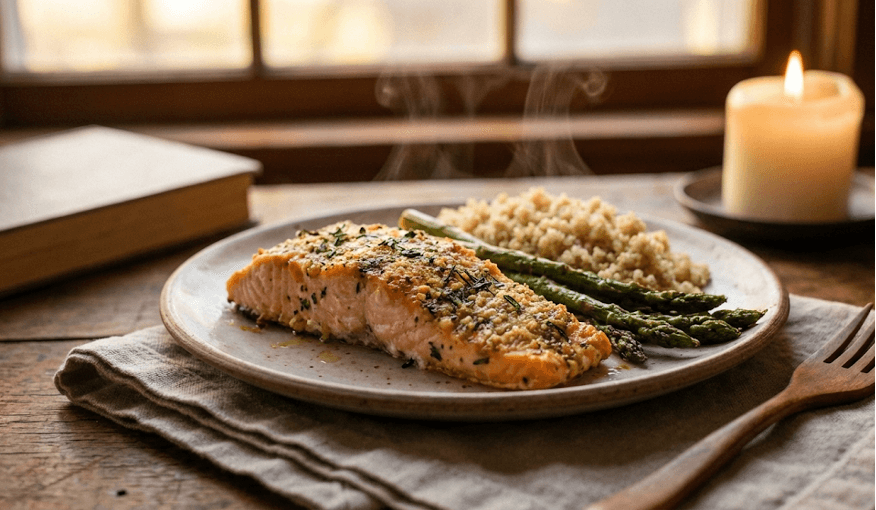 Жирная рыба (лосось), порция 120 г на ужин за 2–3 часа до сна