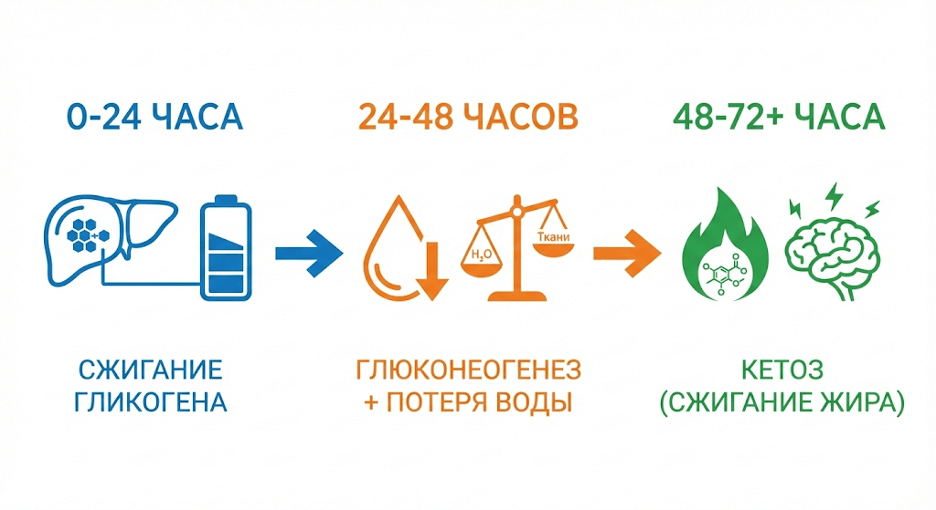 Схема метаболического переключения: Гликоген → Липолиз → Кетогенез