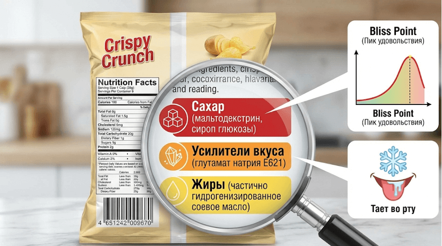 Макет упаковки с подсветкой мест скрытых сахаров и усилителей