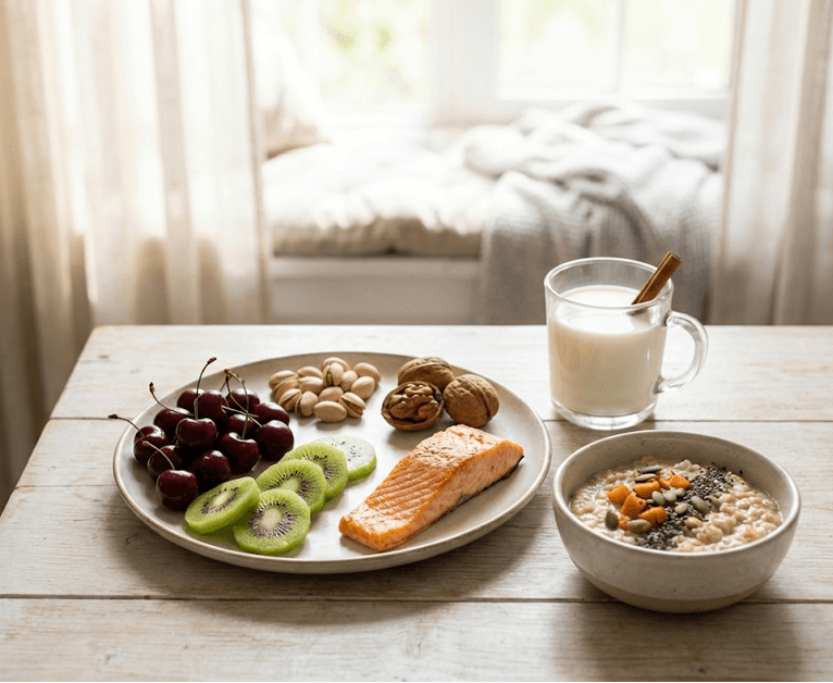 Продукты с мелатонином и нутриентами для сна: вишня, киви, фисташки, овсянка, лосось и тёплое молоко