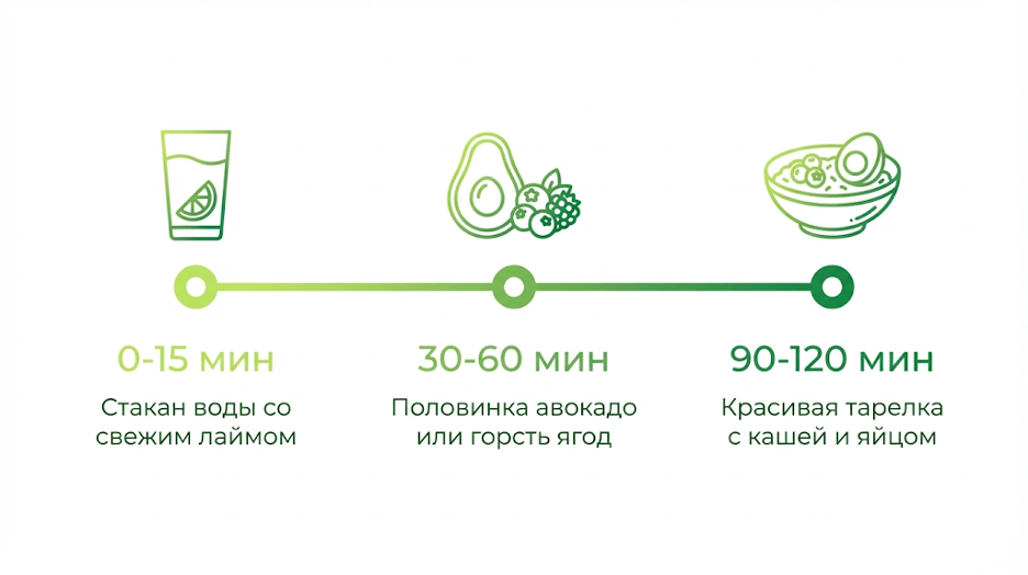 Инфографика тайминга завтрака после пробуждения с рекомендацией выпить стакан воды
