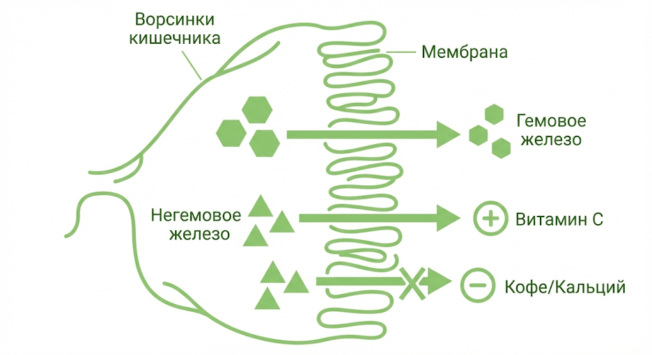 Путь гемового vs негемового железа в кишечнике