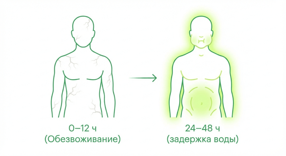До/После»: «обезвоживание → задержка воды», отметки «лицо», «живот»