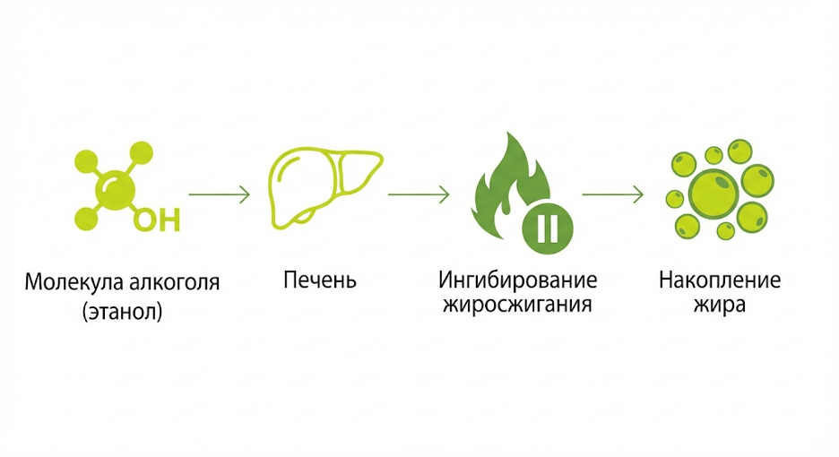 Схема влияния алкоголя на метаболизм и временную остановку жиросжигания