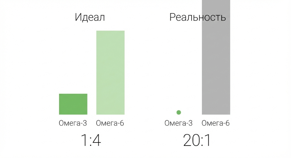 Диаграмма: сравнение идеального и реального соотношения омега‑3 и омега‑6 в рационе, роль омега‑9