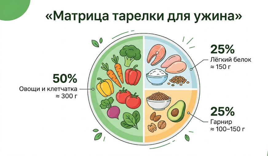 визуальная диаграмма «Матрица тарелки» для ужина. Круг: 50% овощи и клетчатка, 25% лёгкий белок, 25% сложные углеводы или полезные жиры. Граммовки: овощи 300 г, белок 150 г, гарнир 100–150 г