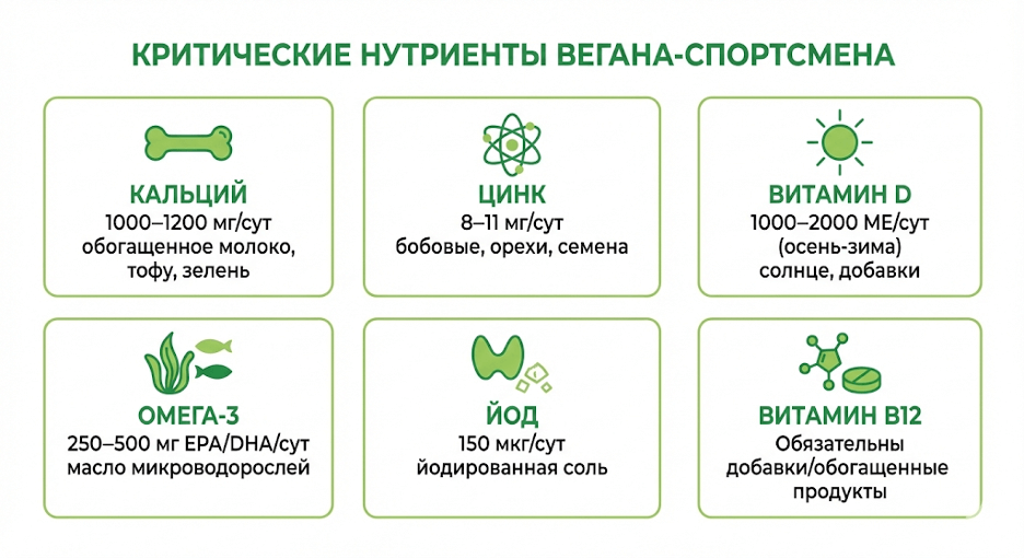Карта нутриентов с источниками и суточными нормами (RDA) + иконки продуктов
