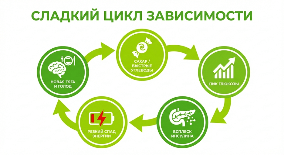 Схема цикла тяги к сладкому через колебания глюкозы и инсулина