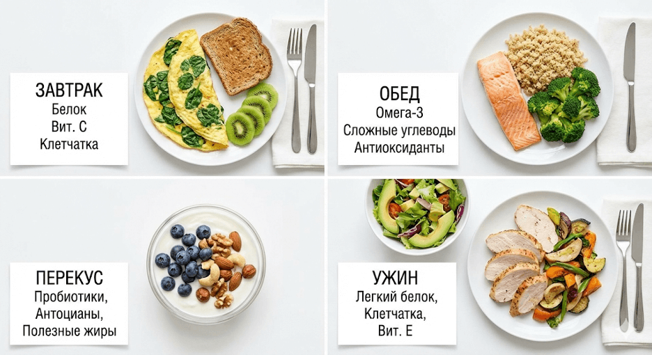 Пример меню на день для здоровья кожи с указанием ключевых нутриентов