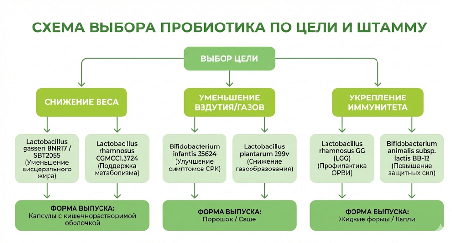 Схема выбора пробиотика по цели и штамму.