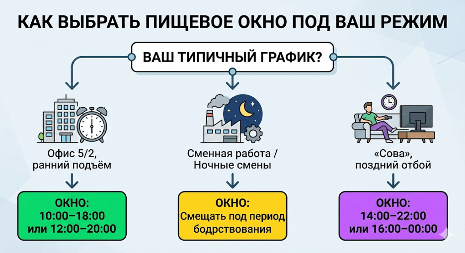 Схема выбора пищевого окна при сменной работе