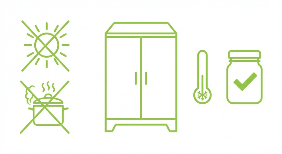 Полка/ящик: где хранить что; иконки «свет/тепло/влага — запрещено