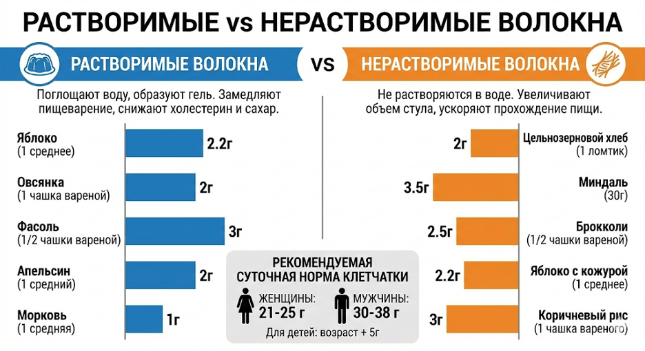 Источники клетчатки с нормами и граммами на порцию.