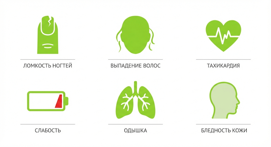 Коллаж симптомов железодефицита