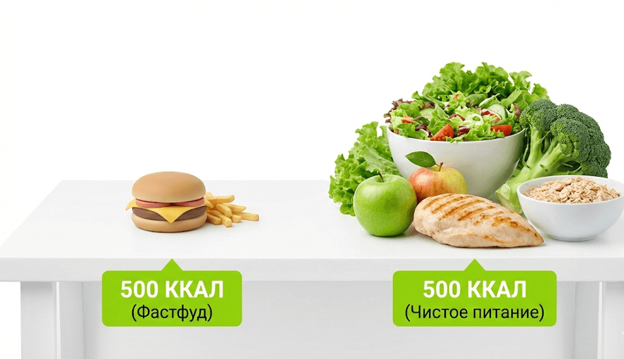 Сравнение 500 ккал фастфуда и цельных продуктов по объему