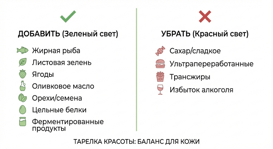 Инфографика тарелки красоты: список полезных и исключаемых продуктов для здоровья кожи