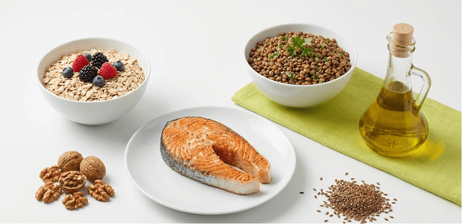 иконки + подписи «как работает» (клетчатка/растворимые волокна, омега-3, фитостеролы).