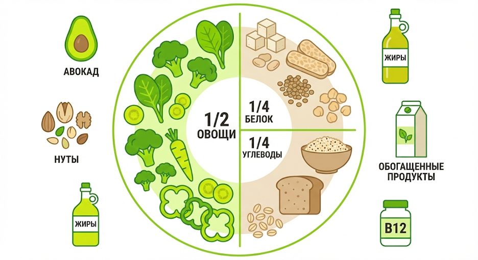 Схема "Тарелка веган-спортсмена": 1/2 овощи, 1/4 белок, 1/4 сложные углеводы