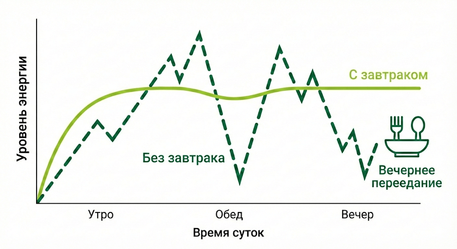 Схема влияния пропуска завтрака на гормоны голода и вечернее переедание