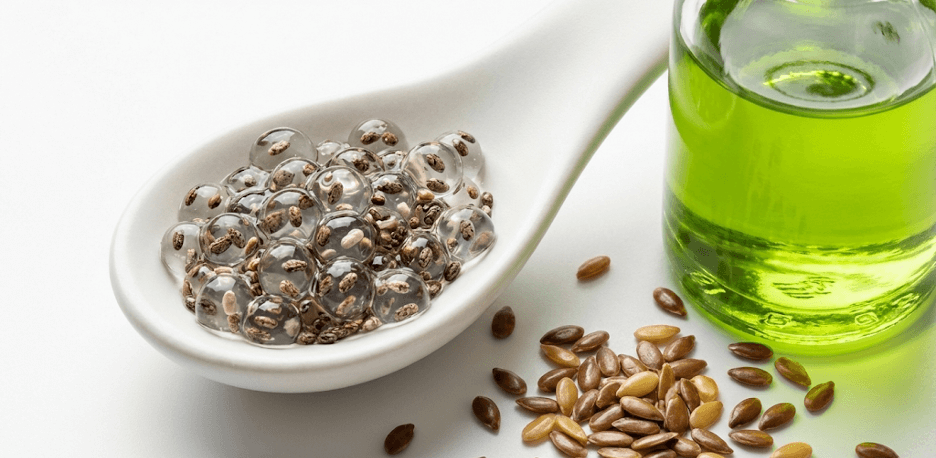 Иллюстрации: перемалывание льна, замоченная чиа, льняное масло в салате