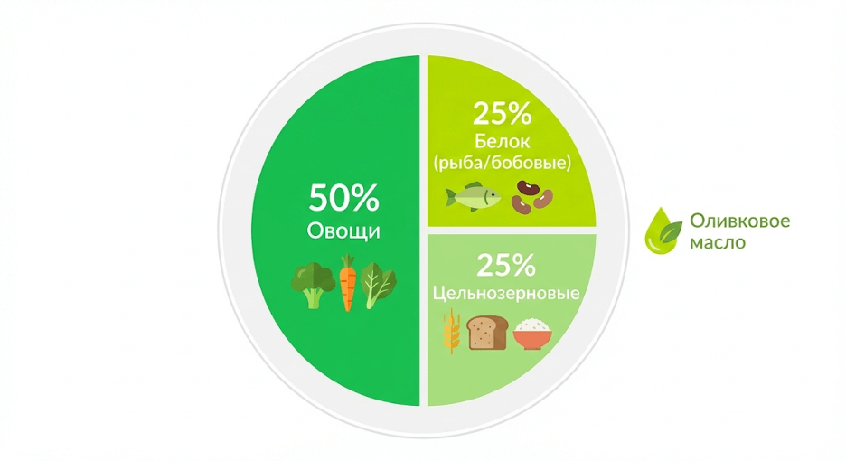 Правило тарелки: половина овощей, четверть белка, четверть цельнозерновых