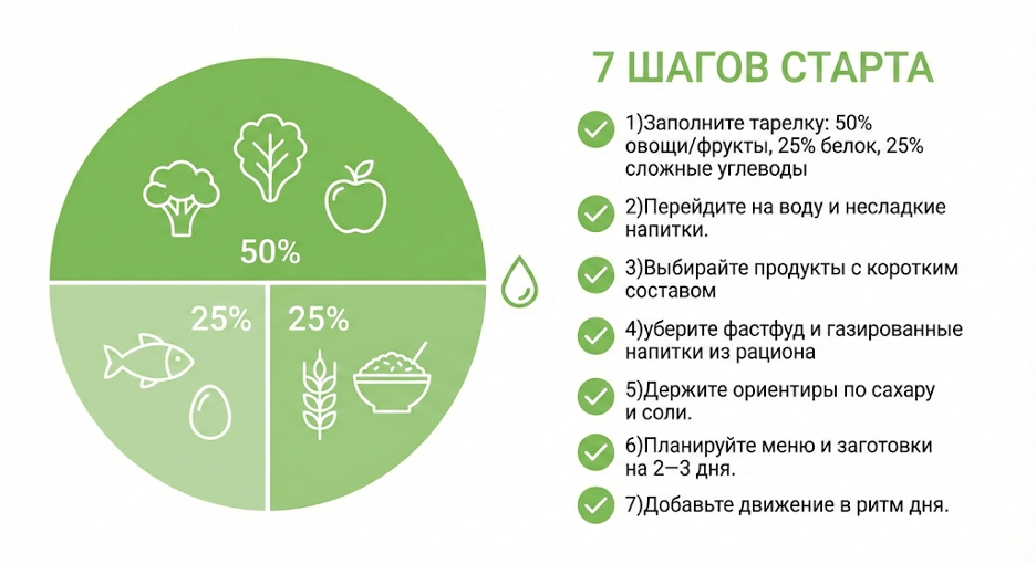 Схема идеальной тарелки для чистого питания: половина овощи, четверть белок, четверть сложные углеводы, полезные жиры