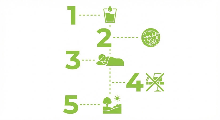 Шаги: питание, вода, сон, отказ от токсинов, стресс-менеджмент