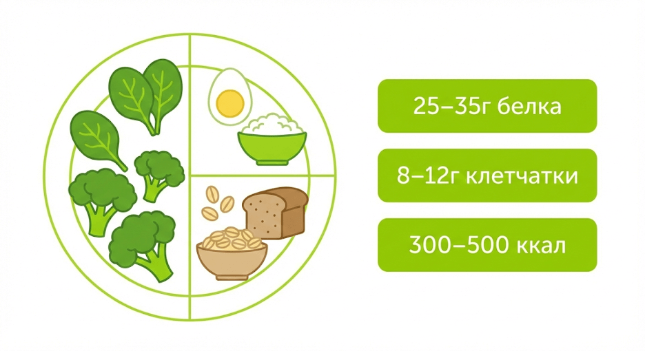 Инфографика состава идеального завтрака для похудения: порции белка, клетчатки, цельных углеводов и полезных жиров