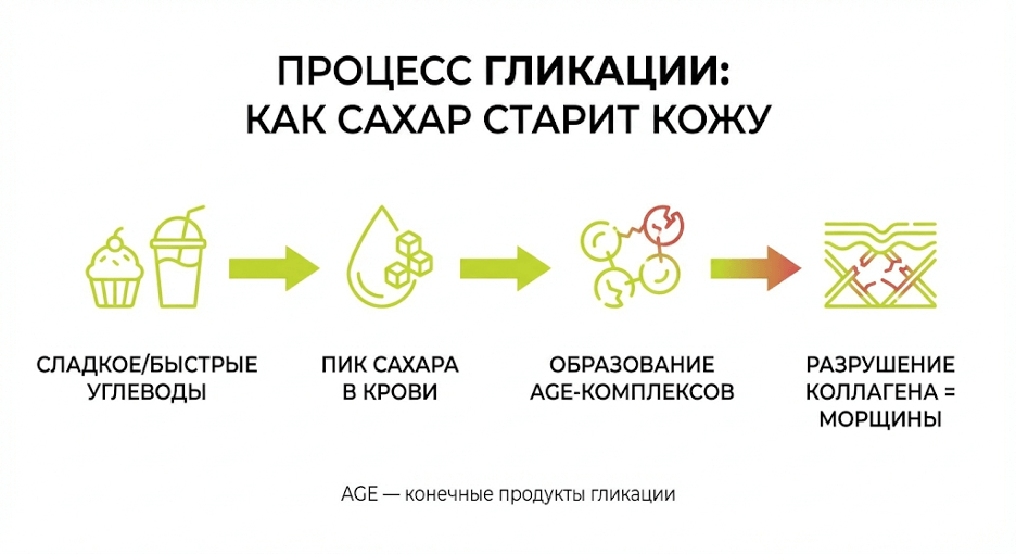 Инфографика процесса гликации: влияние сахара на коллаген и старение кожи