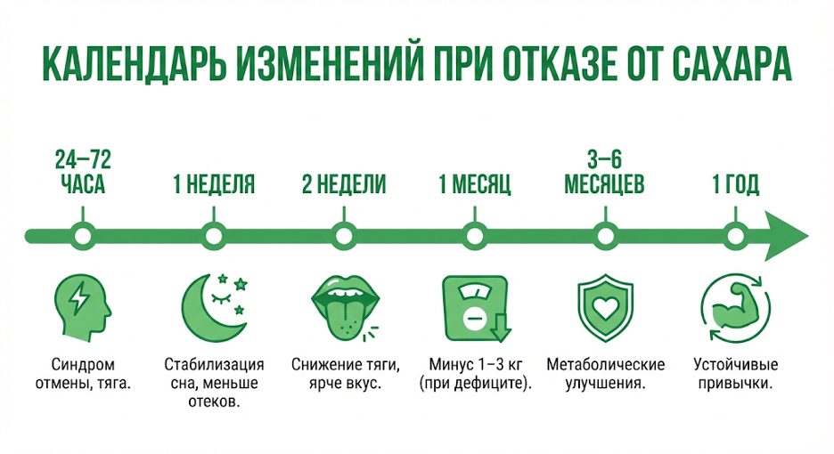 Таймлайн изменений организма после отказа от добавленного сахара