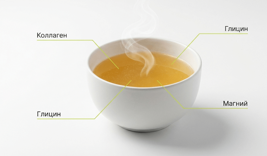 Состав костного бульона: коллаген/желатин, аминокислоты (глицин, пролин), минералы»