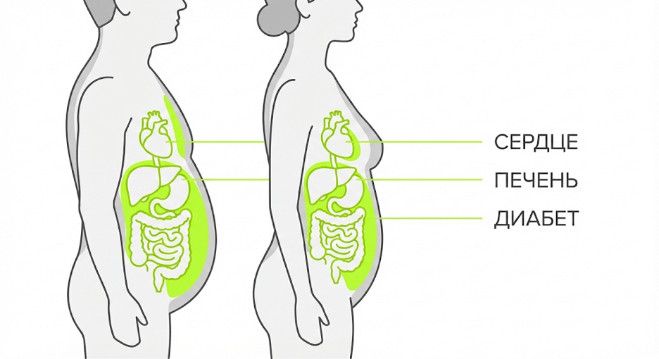 Анатомическое расположение висцерального жира и связанные риски для сердца, печени и обмена веществ