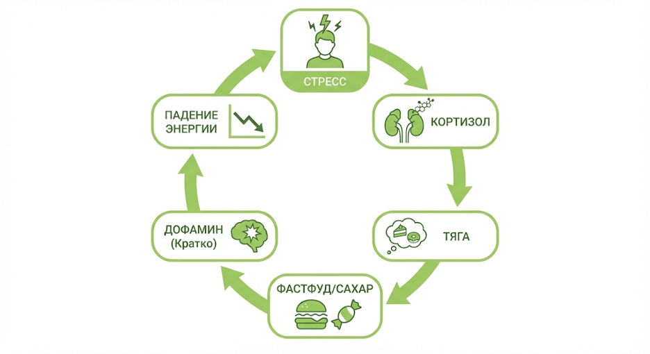 Цикл заедания стресса и роль дофамина/кортизола