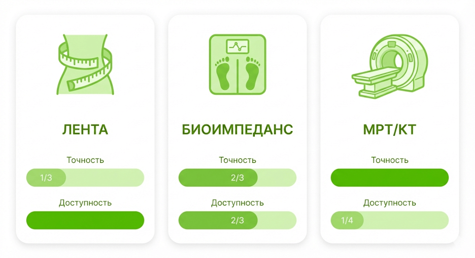 Методы оценки висцерального жира: измерительная лента, биоимпеданс, КТ/МРТ