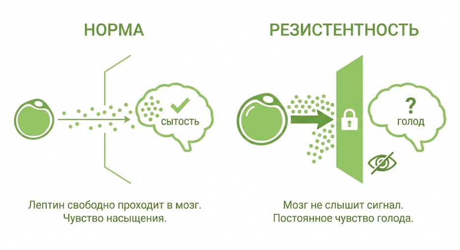 Схема работы лептина и лептинорезистентности у людей с ожирением