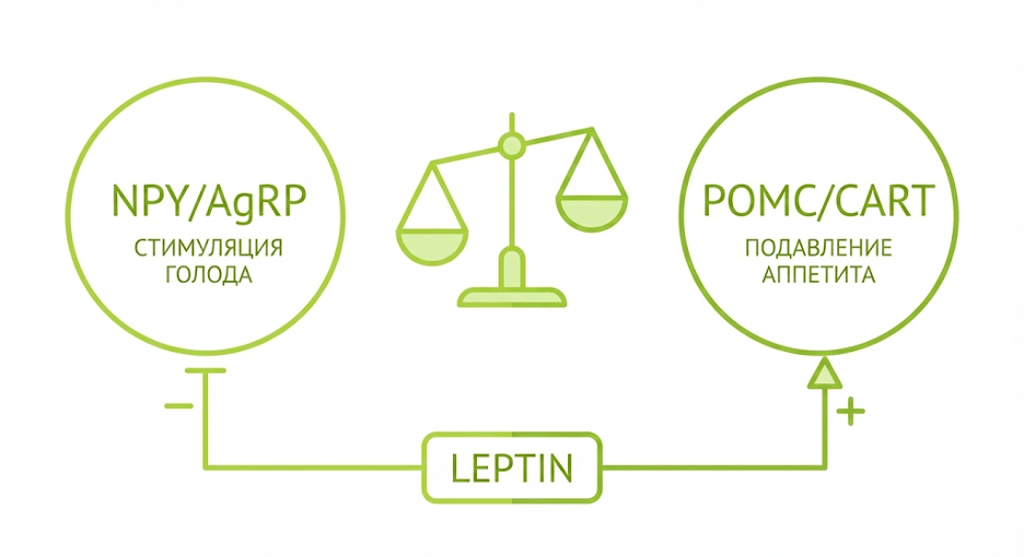 Схема гипоталамических путей: NPY/AgRP и POMC/CART